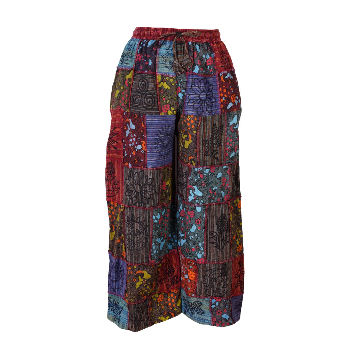 Women's Elastic Waist Boho Floral Patchwork Festival Hippy Cotton Wide Leg Trousers