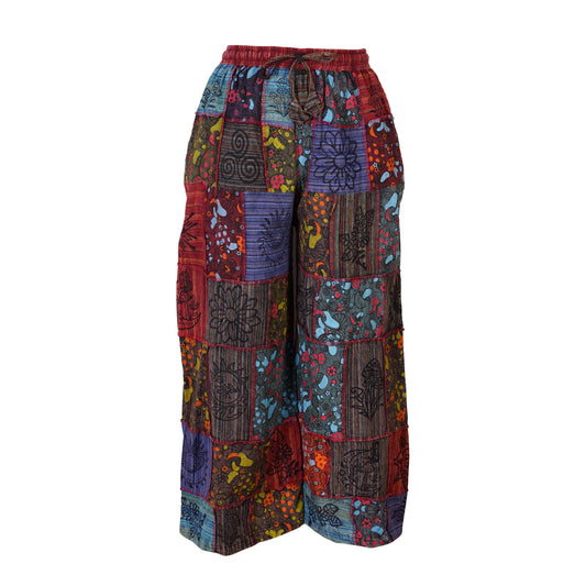 Women's Elastic Waist Boho Floral Patchwork Festival Hippy Cotton Wide Leg Trousers