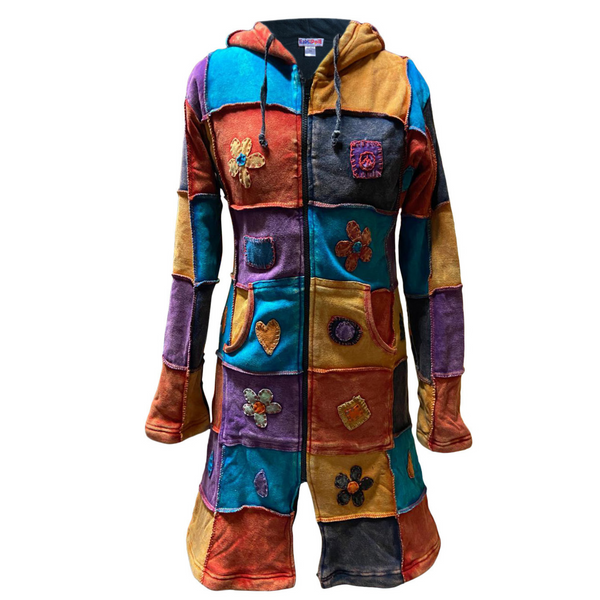 Ezhippie Women Knee Length Love Peace Floral Embroidery Zipper Long Hoodie