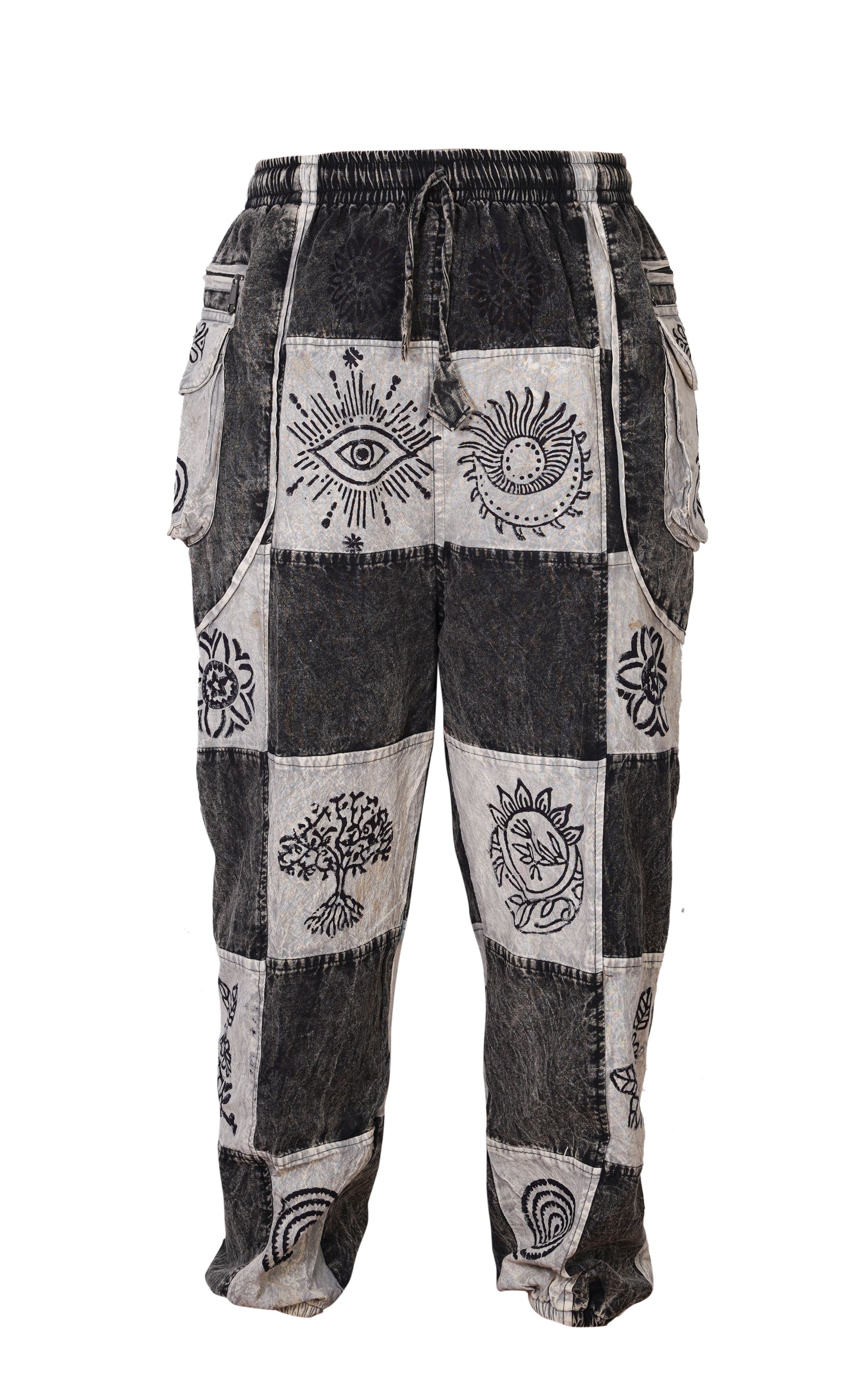 Mens Gothic Patchwork Cargo Trouser Stonewashed Bohemian Cotton Festival Hippy Pants