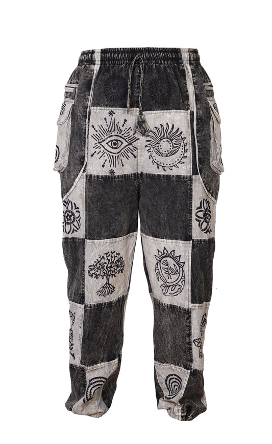 Mens Gothic Patchwork Cargo Trouser Stonewashed Bohemian Cotton Festival Hippy Pants