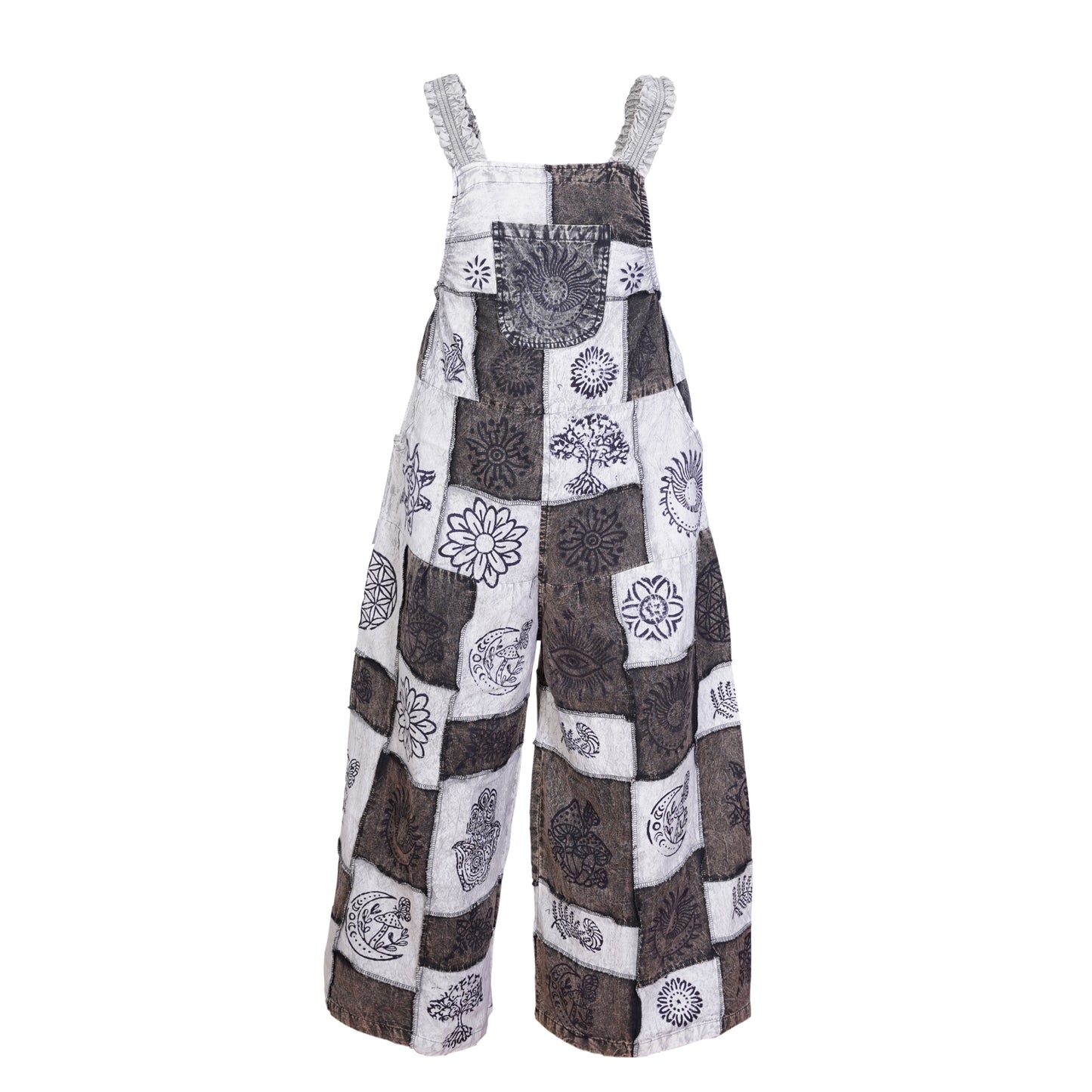 Women’s Cotton Patchwork Mushroom Flower Sun Tribal Print Hippie Summer Dungarees