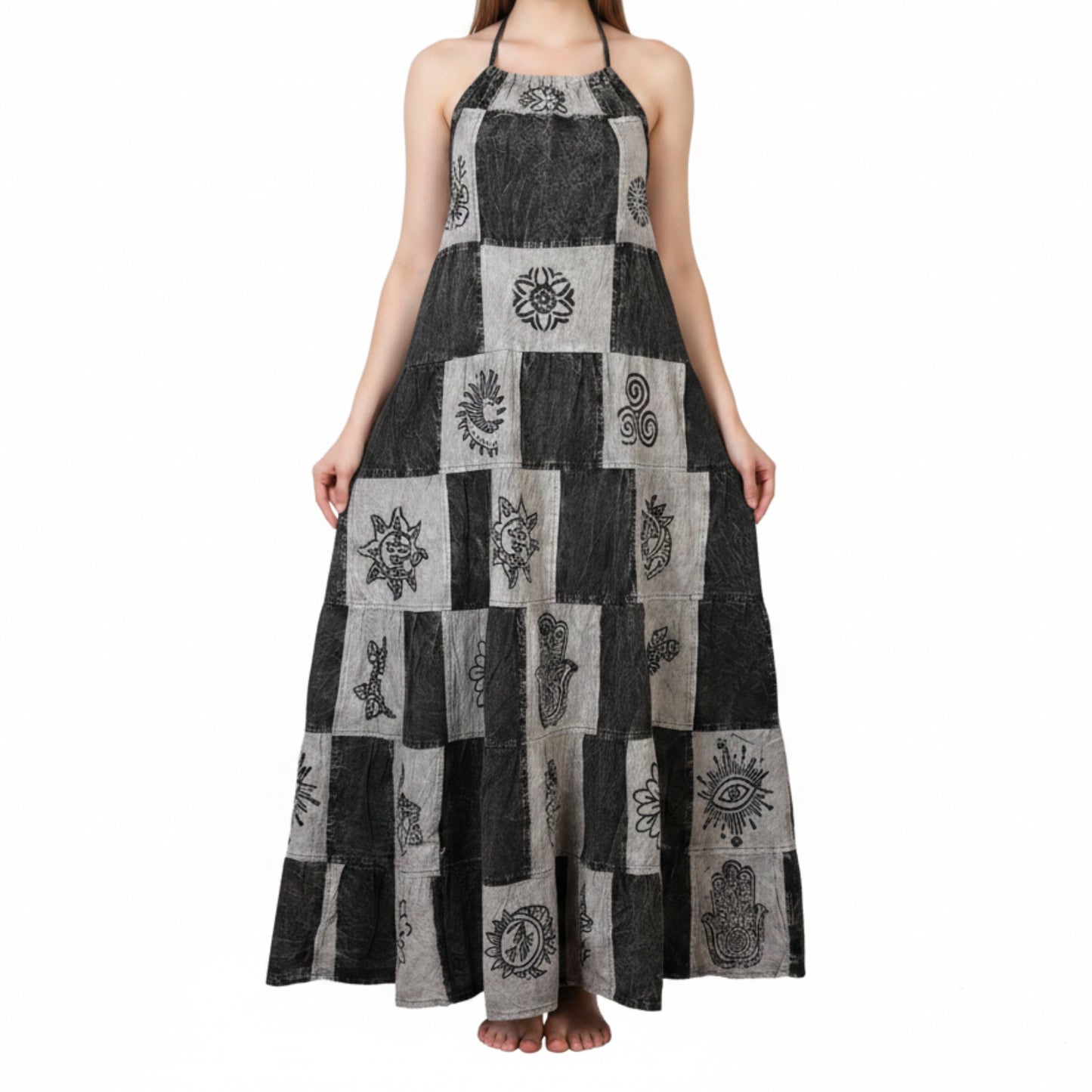 Women Boho Patchwork Cotton Sleeveless Ethnic Print Hippy Flowy Maxi Summer Dress