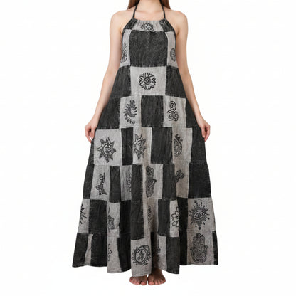 Women Boho Patchwork Cotton Sleeveless Ethnic Print Hippy Flowy Maxi Summer Dress