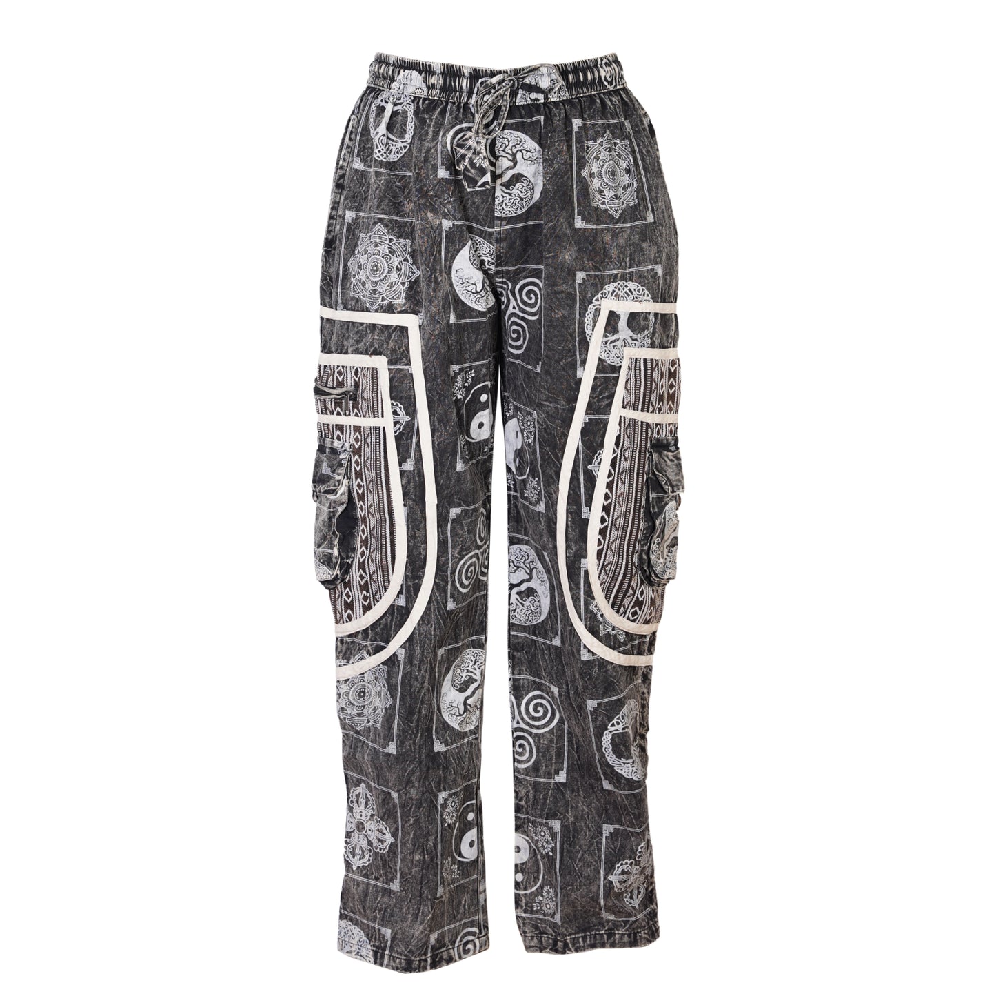 Mens Patchwork Elastic Waist Hippie Trousers Ethnic Motifs Printed Festival Cargo Pants