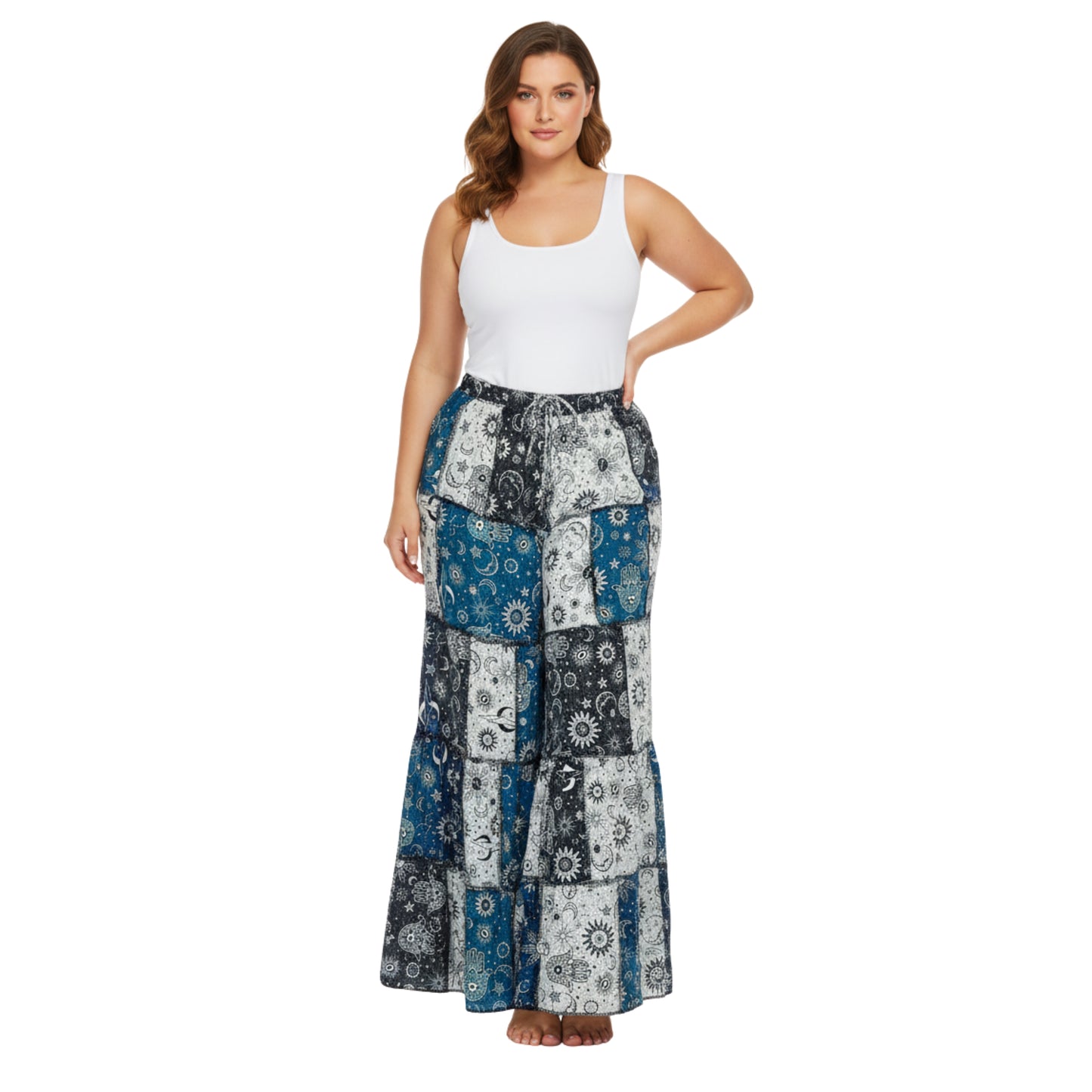 Women’s Patchwork Cotton Palazzo Pants Elastic Waist Drawstring Hippie Outfit