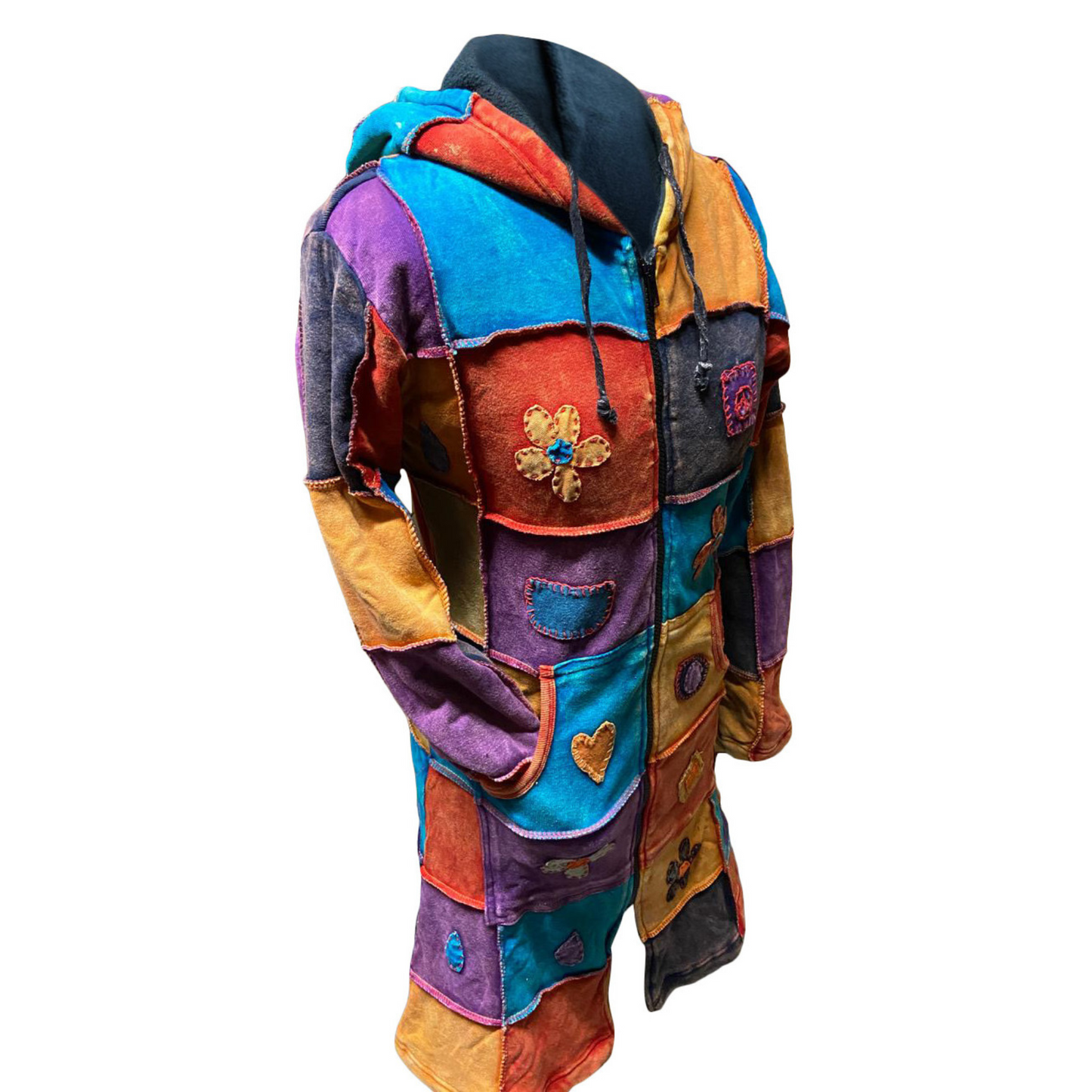 Ezhippie Women Knee Length Love Peace Floral Embroidery Zipper Long Hoodie