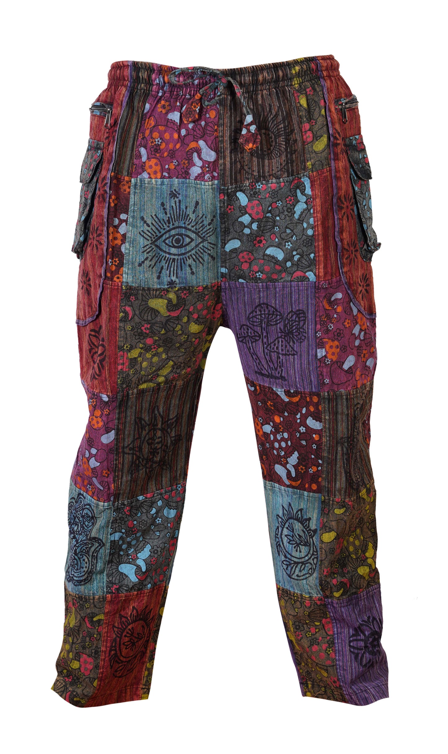 Mens Gothic Patchwork Cargo Trouser Stonewashed Bohemian Cotton Festival Hippy Pants