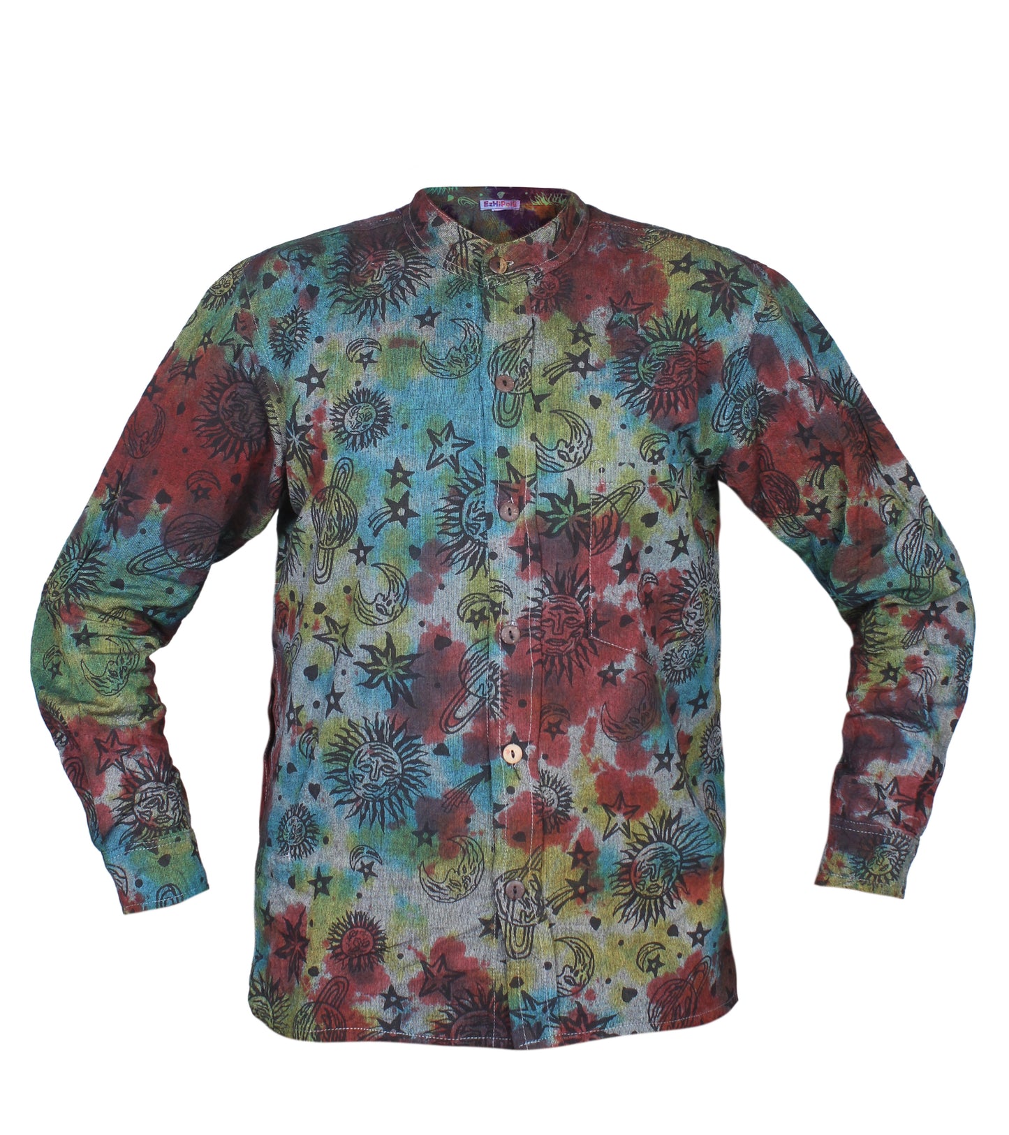 Men's Space Tie Dye Henley Shirt, Hand Made Long Sleeve Collarless Casual Shirt