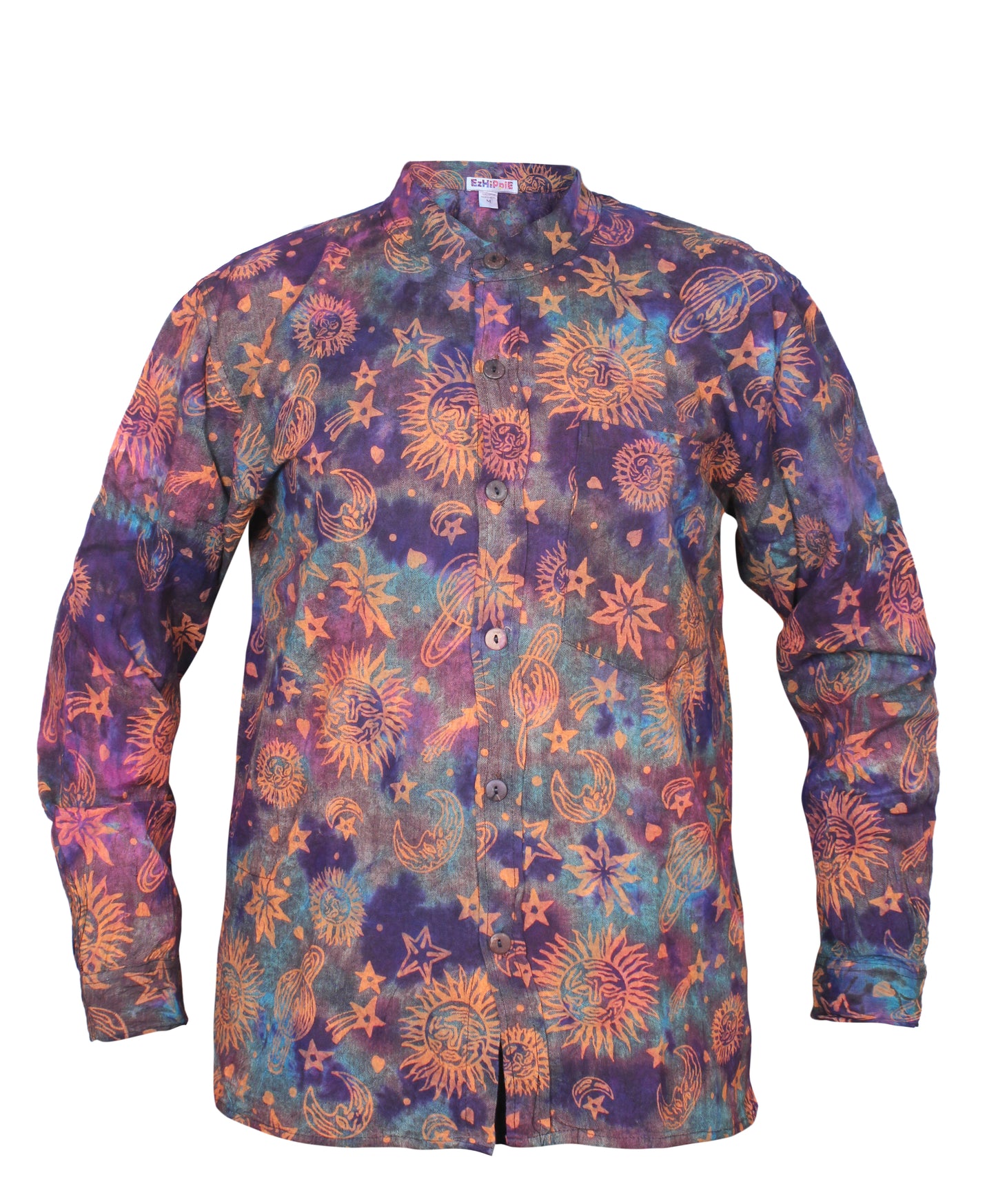 Men's Space Tie Dye Henley Shirt, Hand Made Long Sleeve Collarless Casual Shirt