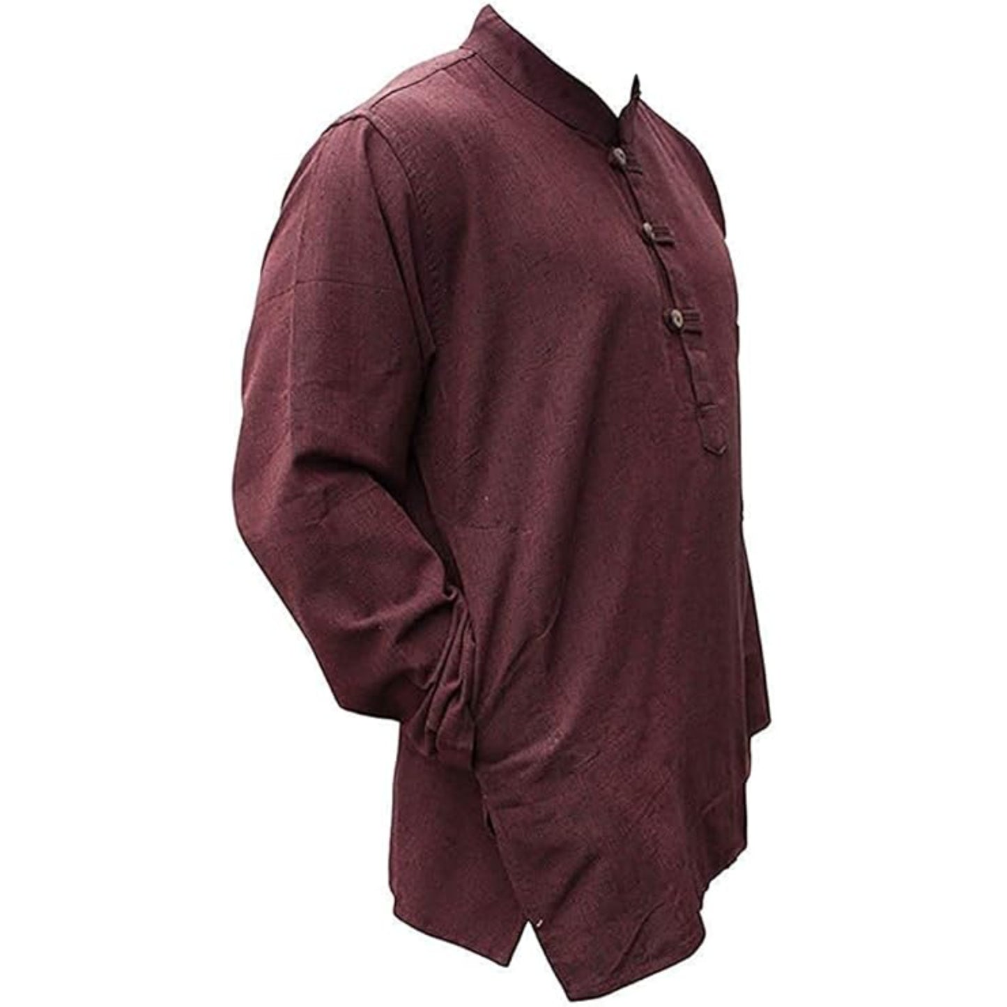 Mens Plain Hemp Band Collar Hippy Summer Light Tops Full Sleeve Grandad Shirt