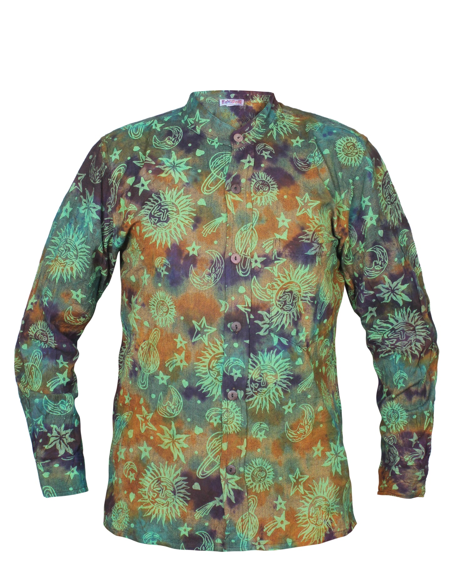 Men's Space Tie Dye Henley Shirt, Hand Made Long Sleeve Collarless Casual Shirt