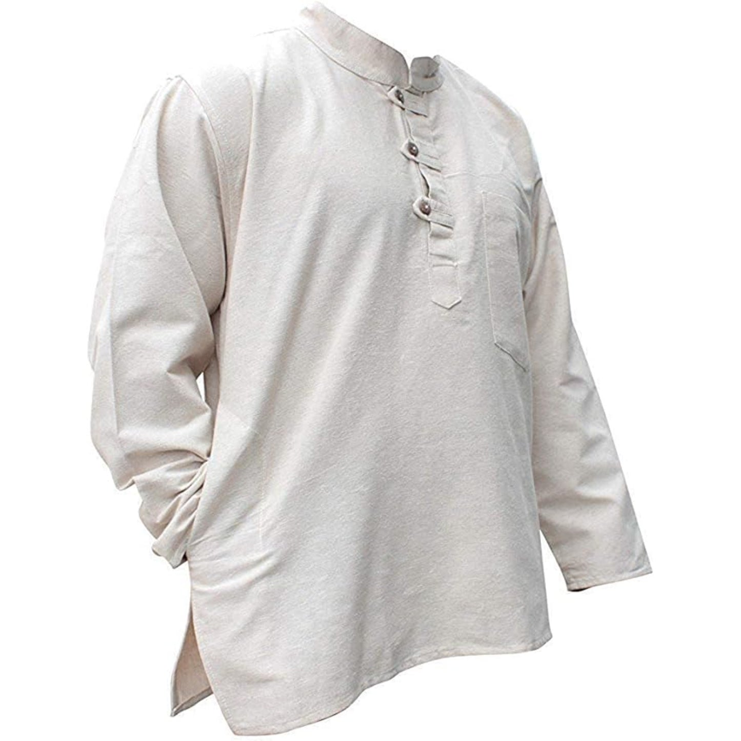 Mens Plain Hemp Band Collar Hippy Summer Light Tops Full Sleeve Grandad Shirt