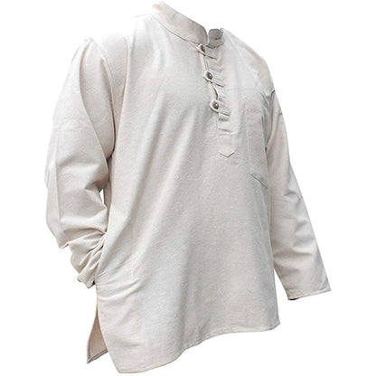 Mens Plain Hemp Band Collar Hippy Summer Light Tops Full Sleeve Grandad Shirt