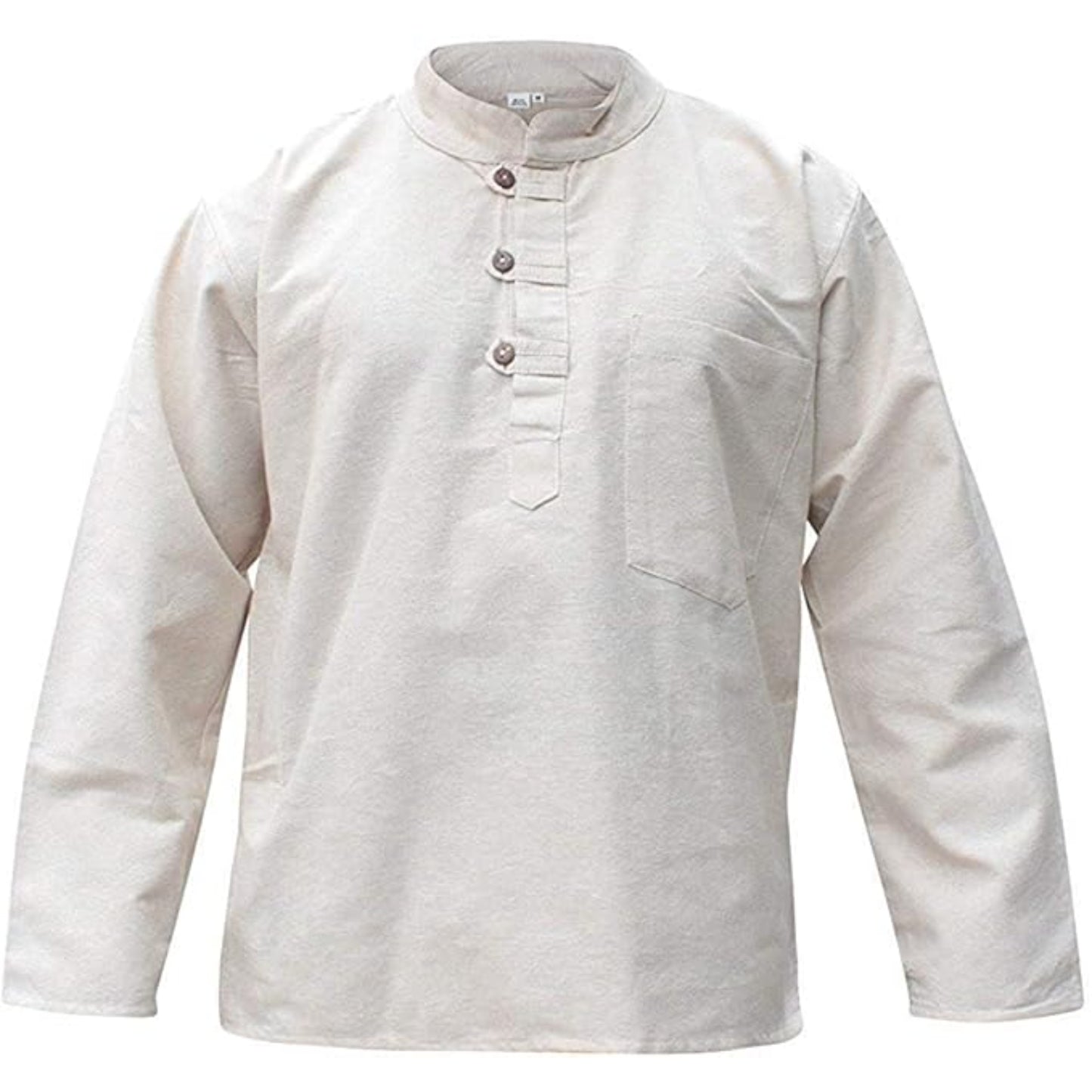Mens Plain Hemp Band Collar Hippy Summer Light Tops Full Sleeve Grandad Shirt