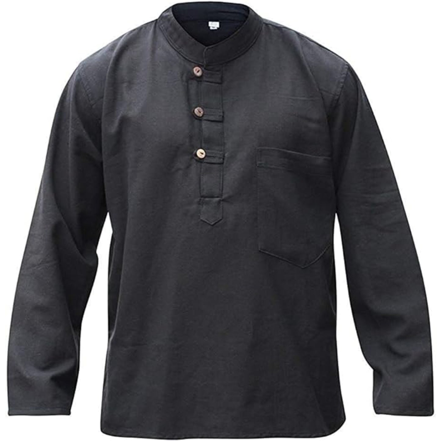 Mens Plain Hemp Band Collar Hippy Summer Light Tops Full Sleeve Grandad Shirt