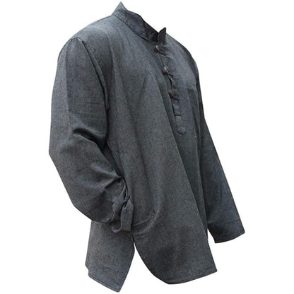 Mens Plain Hemp Band Collar Hippy Summer Light Tops Full Sleeve Grandad Shirt