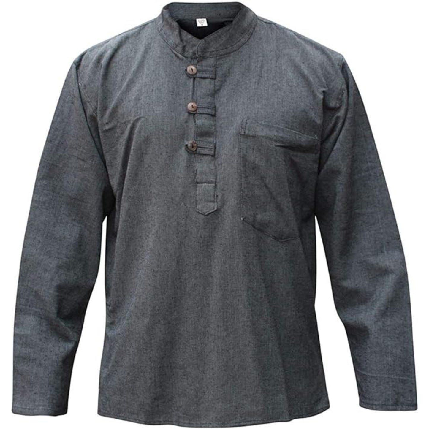 Mens Plain Hemp Band Collar Hippy Summer Light Tops Full Sleeve Grandad Shirt