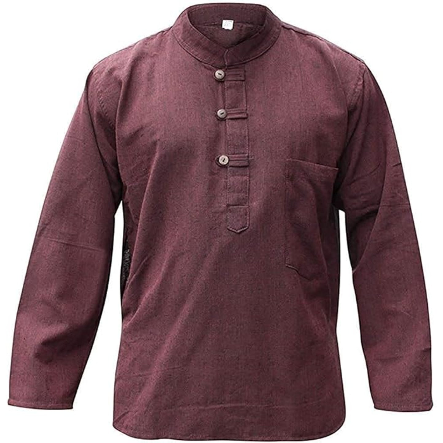 Mens Plain Hemp Band Collar Hippy Summer Light Tops Full Sleeve Grandad Shirt
