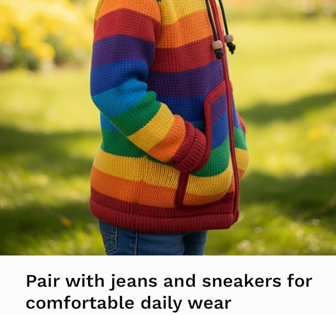 Kids Winter Hoodie Rainbow Pattern Full Zip Fleece Lining Wool Jacket