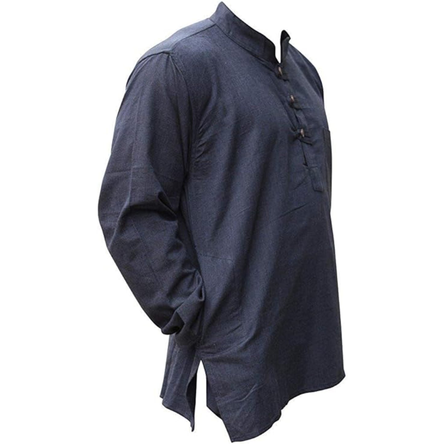 Mens Plain Hemp Band Collar Hippy Summer Light Tops Full Sleeve Grandad Shirt