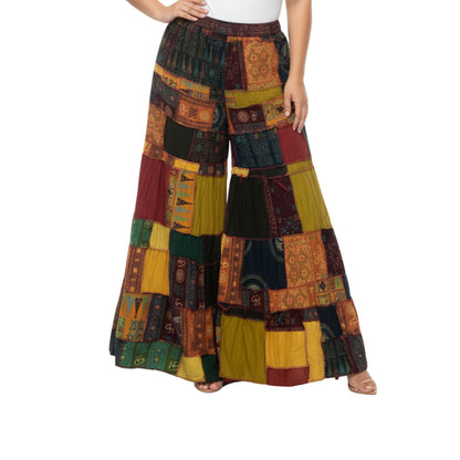 Women’s Patchwork Cotton Palazzo Pants Elastic Waist Drawstring Hippie Outfit