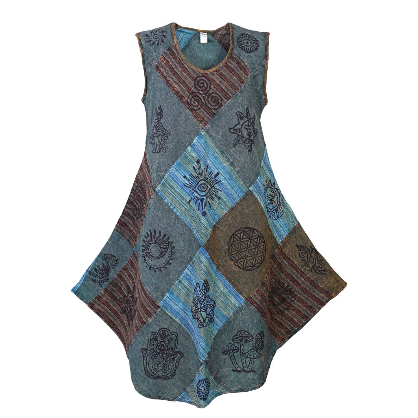 Women's Midi Boho Patchwork Print Sleeveless Hippy Festival Summer Dress