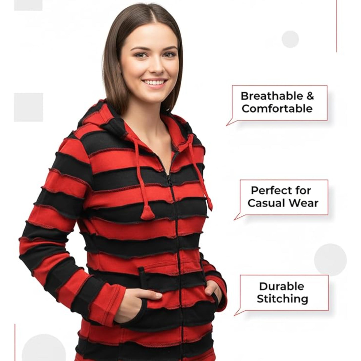 Women's Embroidered Stripe Jacket Hippie Cotton Ribbed Pixie Hoodie