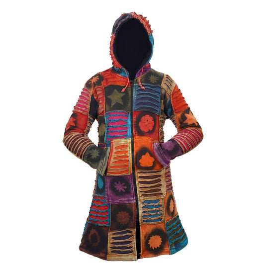 Women's Winter Coat Stencil Print Patchwork Full Zip Long Jacket