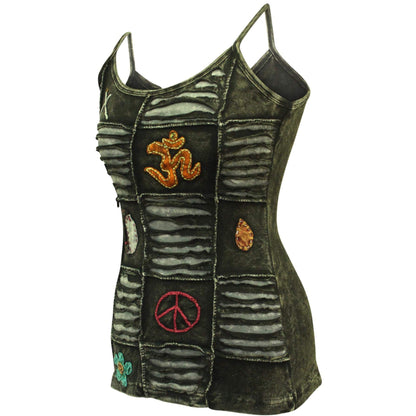 Women Slashed Faded Goth Embroidered Festival Tank Tops