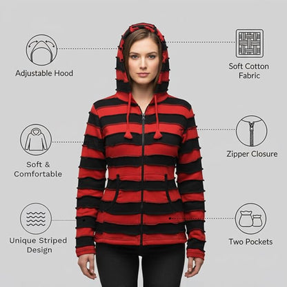 Women's Embroidered Stripe Jacket Hippie Cotton Ribbed Pixie Hoodie