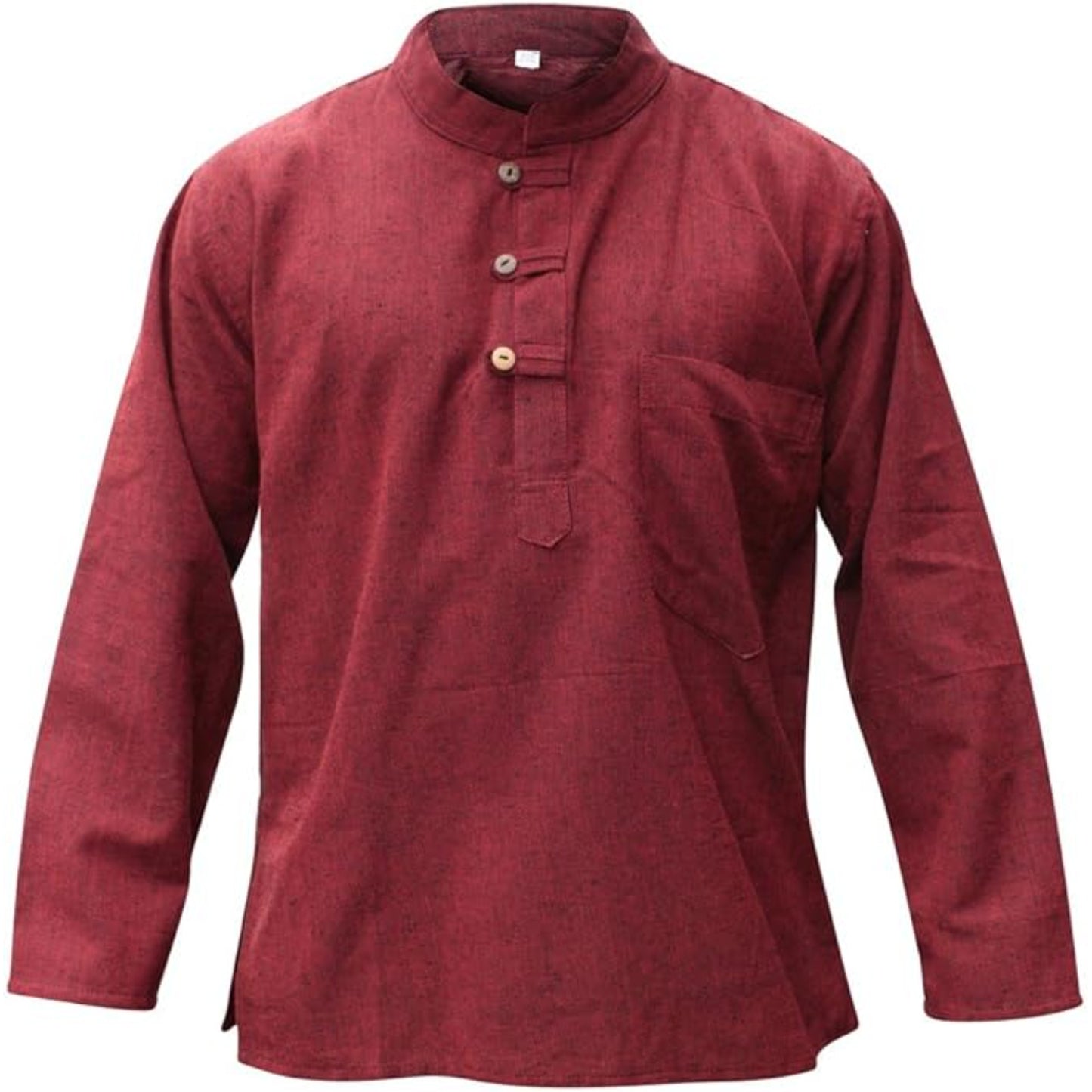 Mens Plain Hemp Band Collar Hippy Summer Light Tops Full Sleeve Grandad Shirt