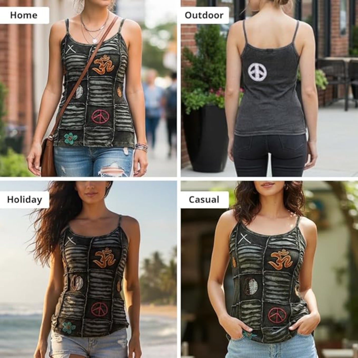 Women Slashed Faded Goth Embroidered Festival Tank Tops