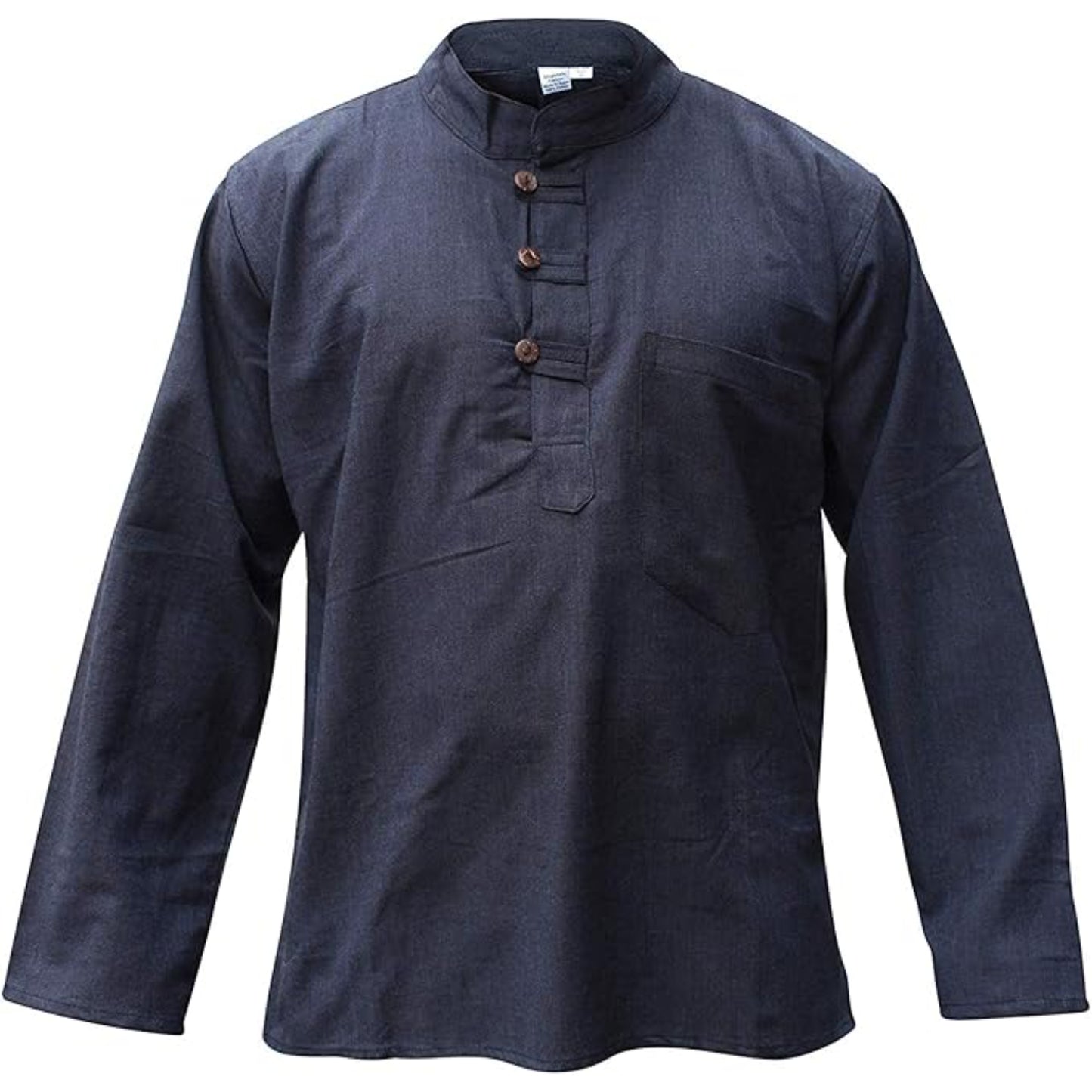 Mens Plain Hemp Band Collar Hippy Summer Light Tops Full Sleeve Grandad Shirt