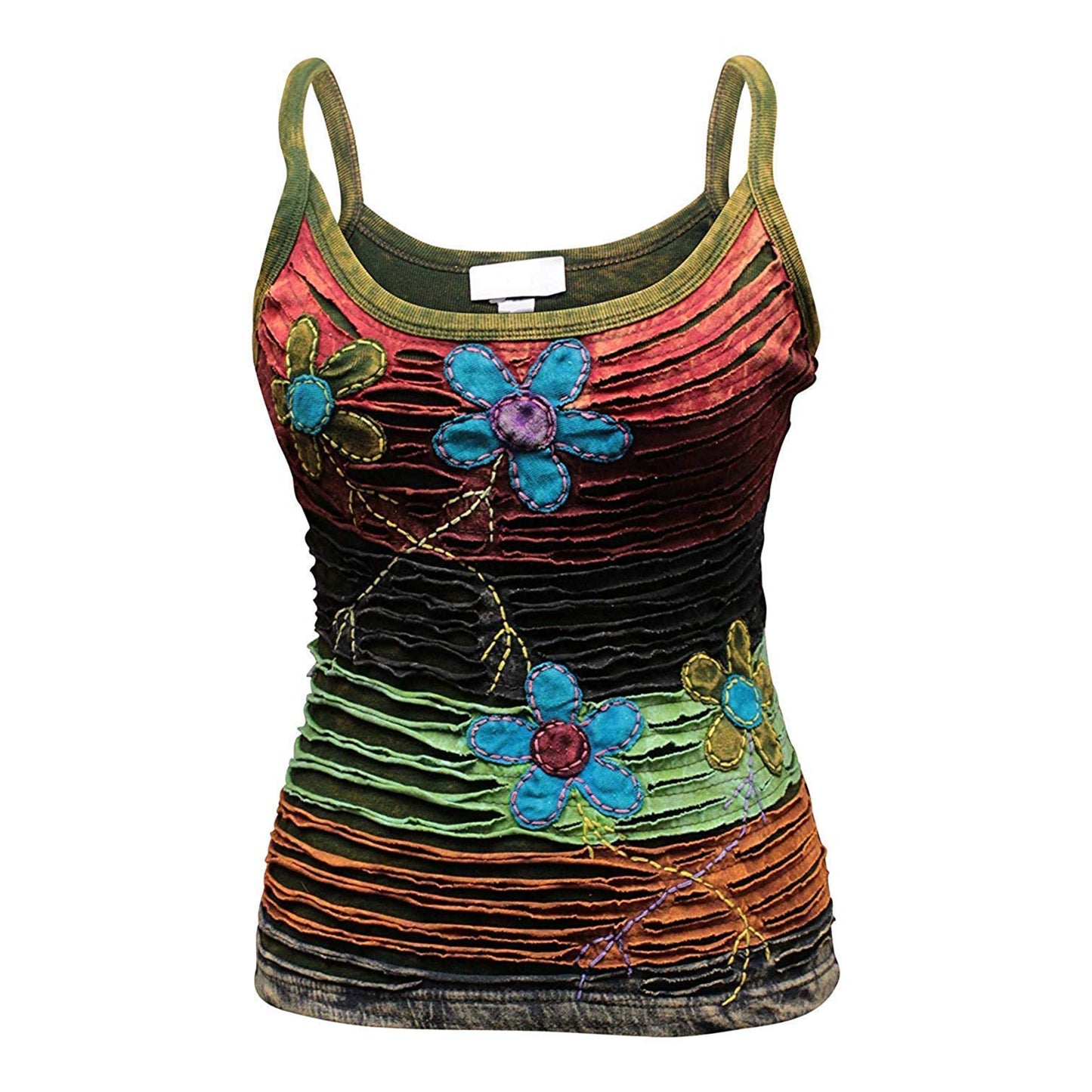 WOMEN RAZOR CUT FLOWER EMBROIDERED HIPPIE TANK TOP
