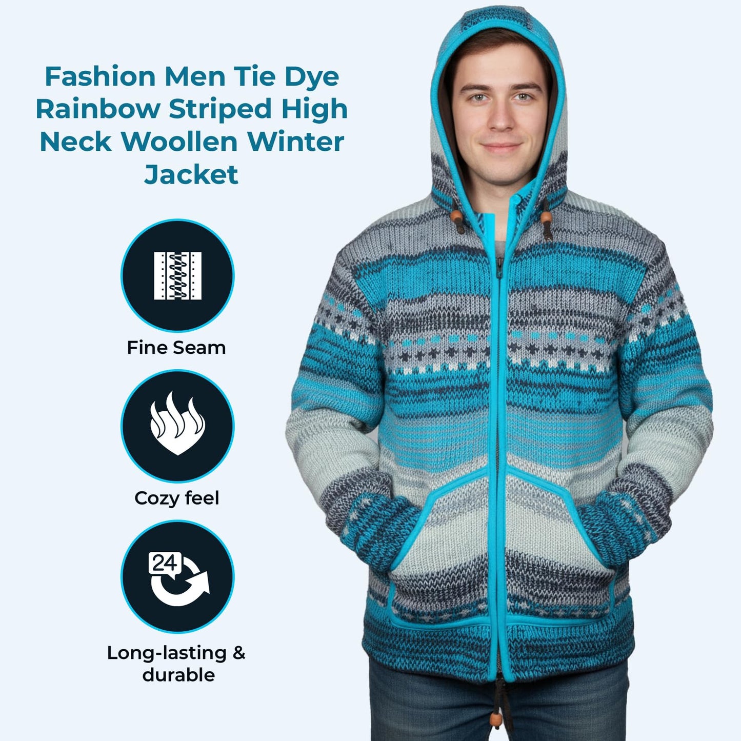 Mens Rainbow Tie Dye High Neck Woollen Winter Jacket