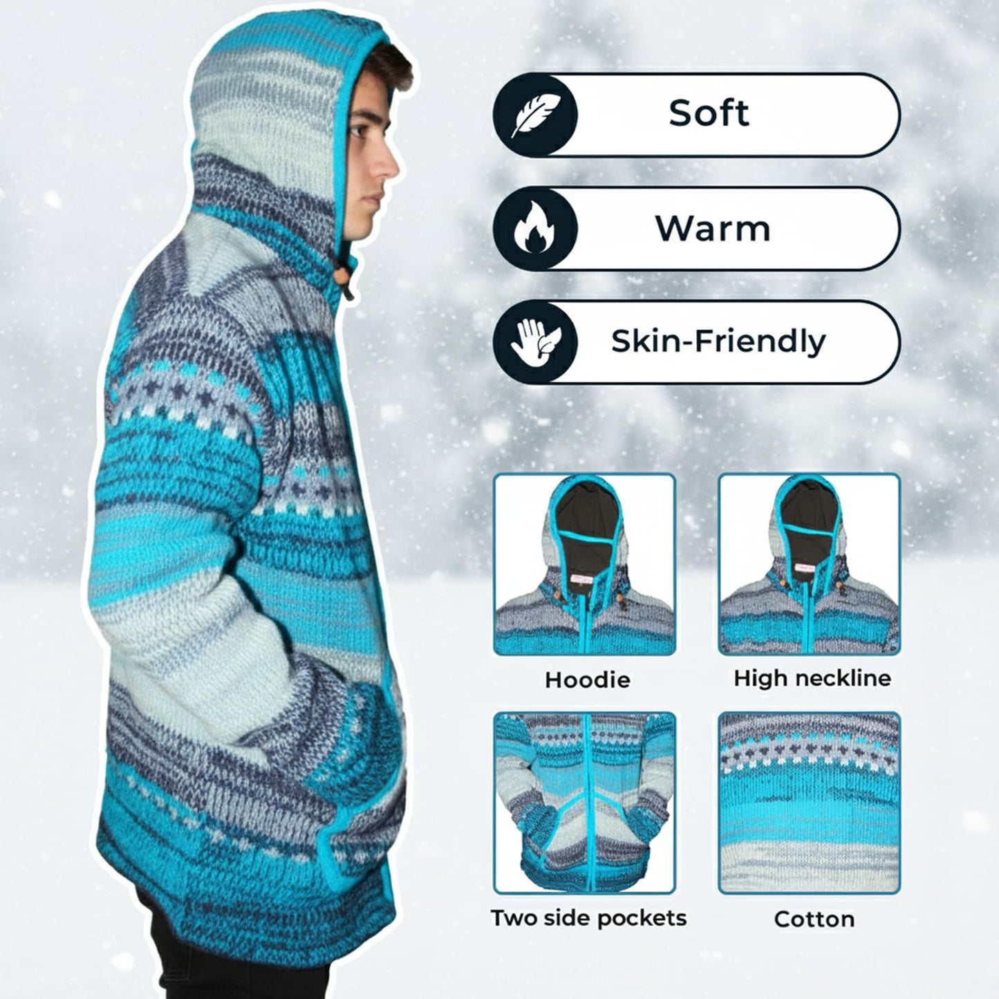 Mens Rainbow Tie Dye High Neck Woollen Winter Jacket