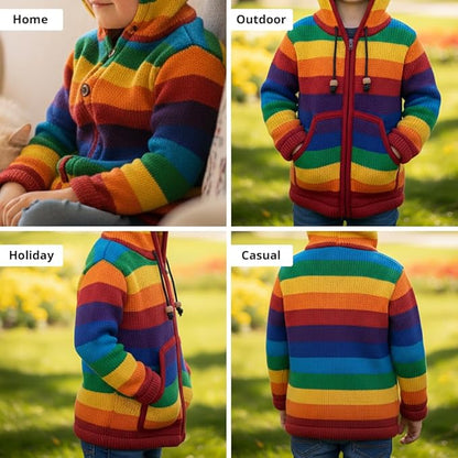 Kids Winter Hoodie Rainbow Pattern Full Zip Fleece Lining Wool Jacket