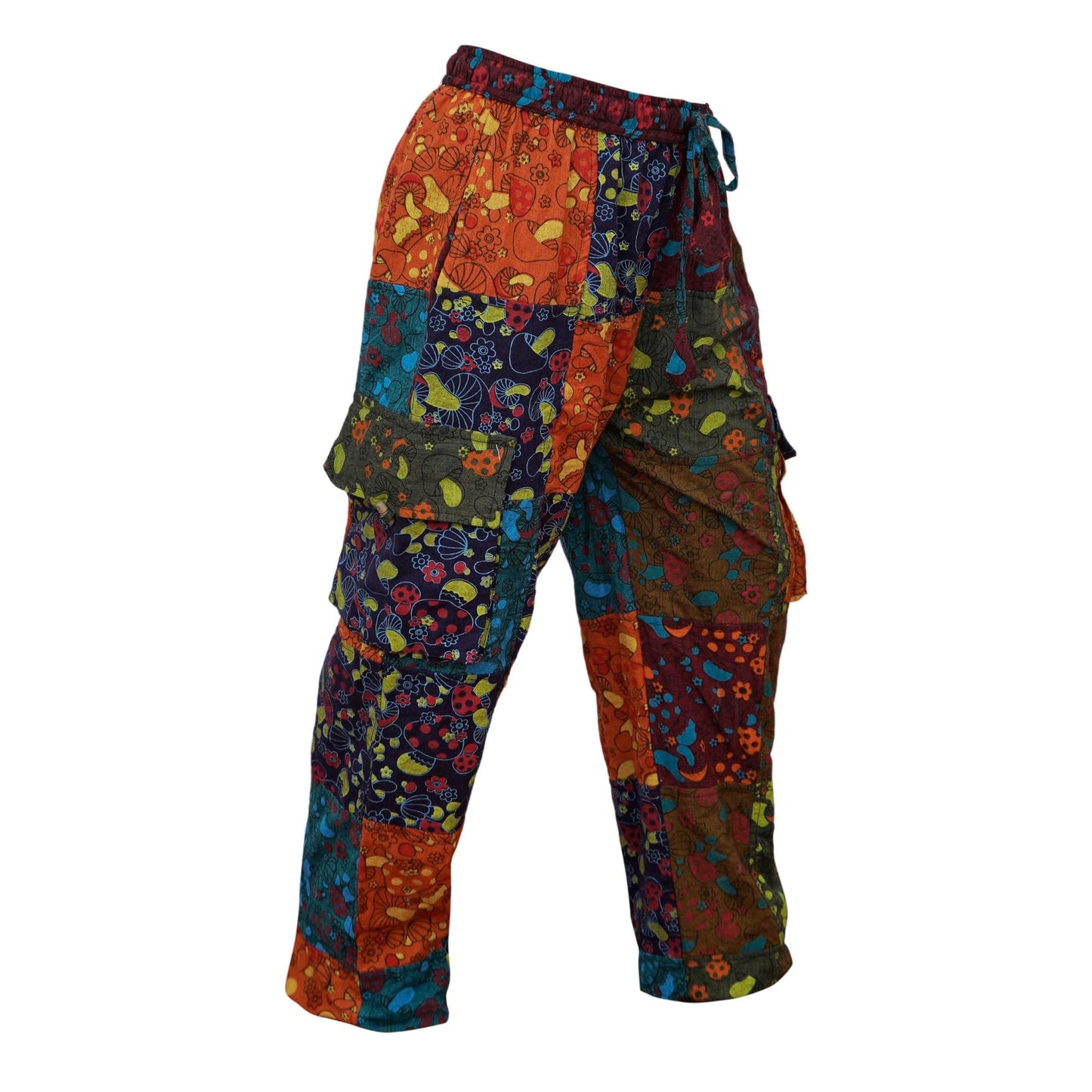Mens Patchwork Mushroom Print Festival Cargo Pant Hippie Trouser