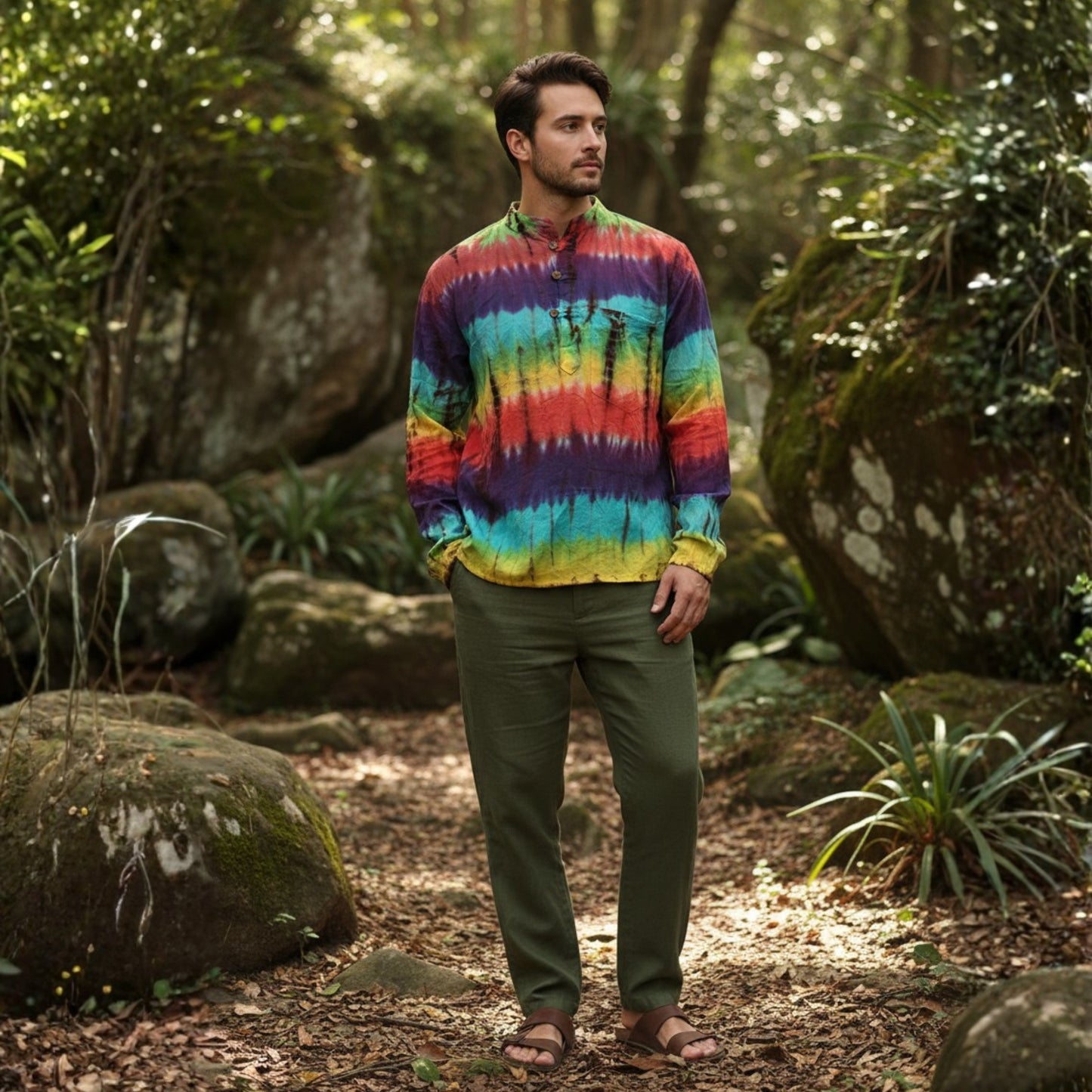 Men's Multicolored Cotton Long Sleeves Hippie Grandad Tie Dye Shirt