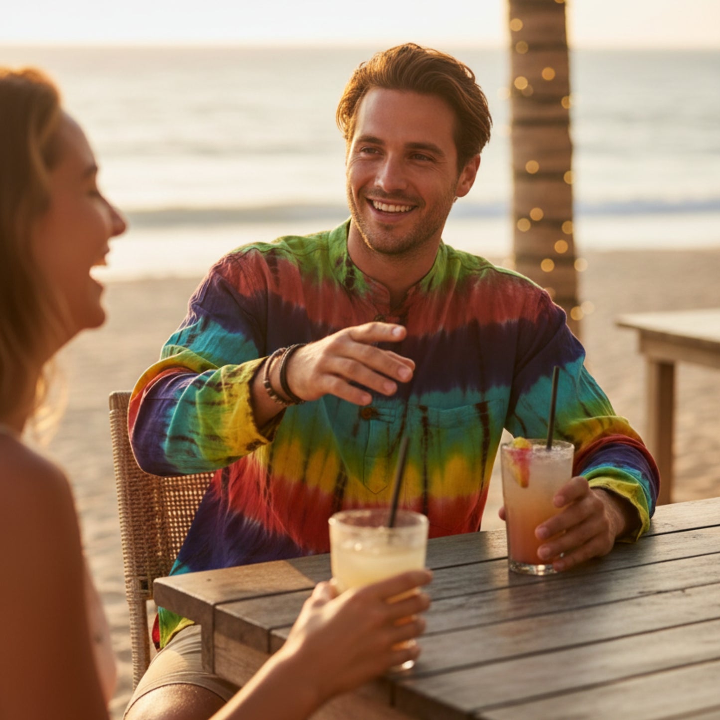 Men's Multicolored Cotton Long Sleeves Hippie Grandad Tie Dye Shirt