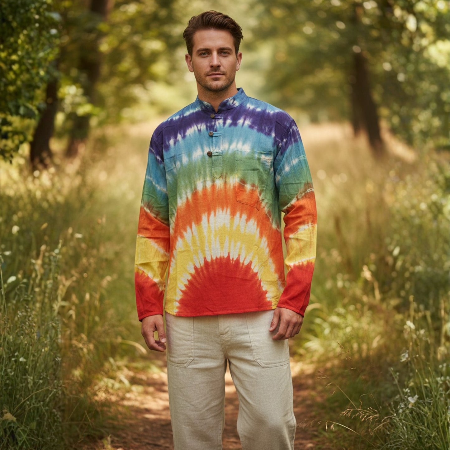 Men's Multicolored Cotton Long Sleeves Hippie Grandad Tie Dye Shirt