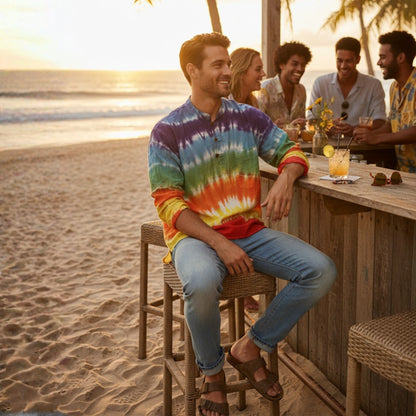 Men's Multicolored Cotton Long Sleeves Hippie Grandad Tie Dye Shirt