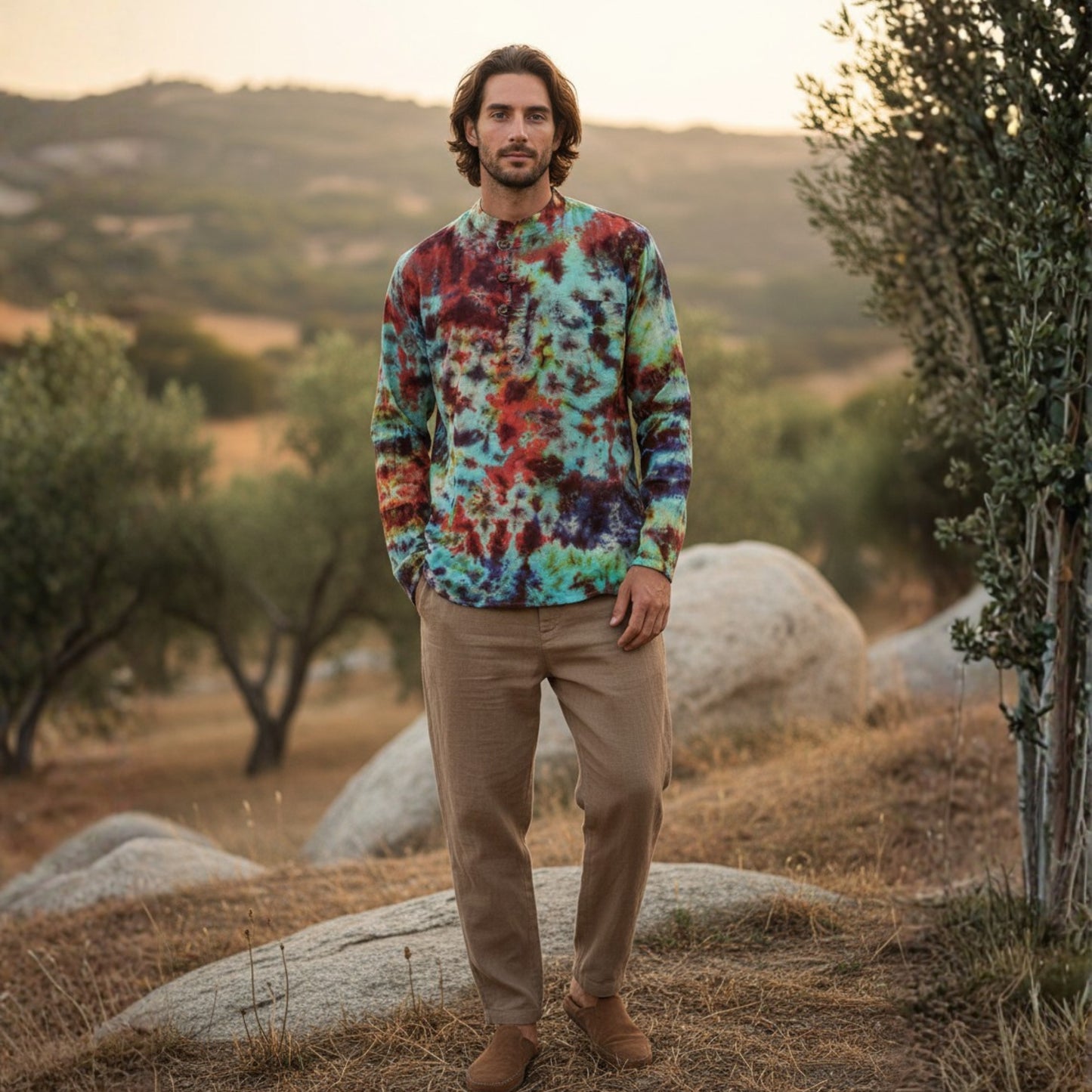 Men's Multicolored Cotton Long Sleeves Hippie Grandad Tie Dye Shirt
