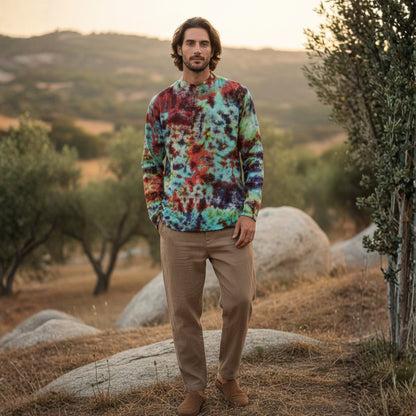 Men's Multicolored Cotton Long Sleeves Hippie Grandad Tie Dye Shirt