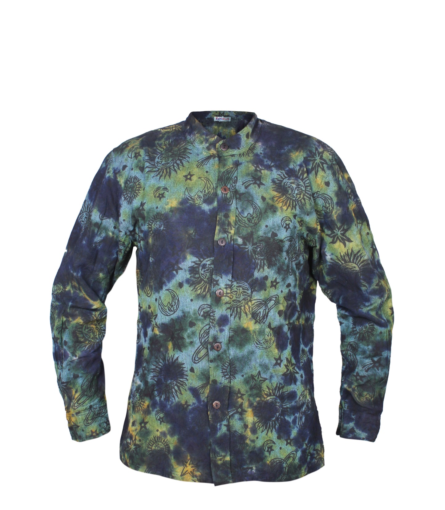 Men's Space Tie Dye Henley Shirt, Hand Made Long Sleeve Collarless Casual Shirt