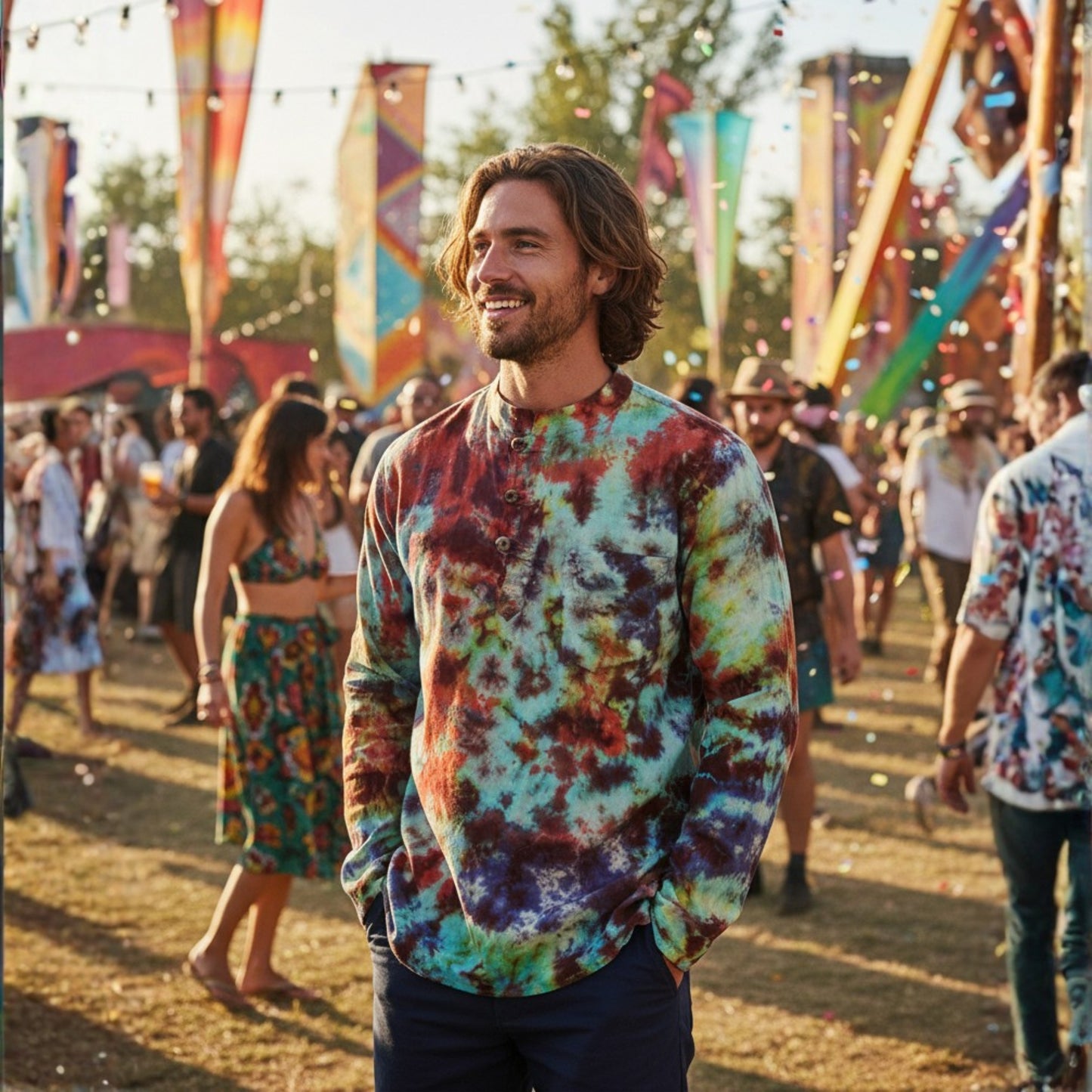 Men's Multicolored Cotton Long Sleeves Hippie Grandad Tie Dye Shirt