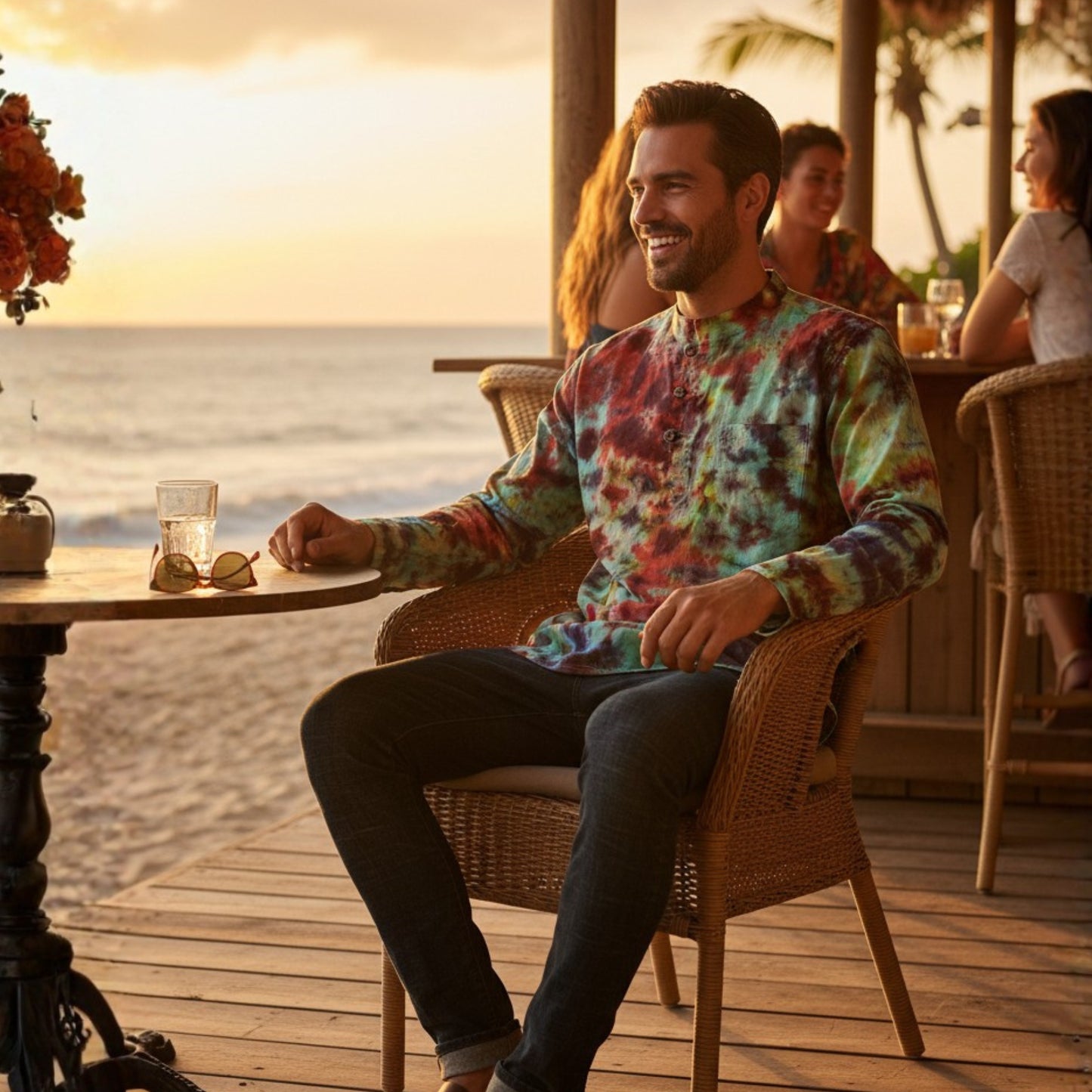 Men's Multicolored Cotton Long Sleeves Hippie Grandad Tie Dye Shirt