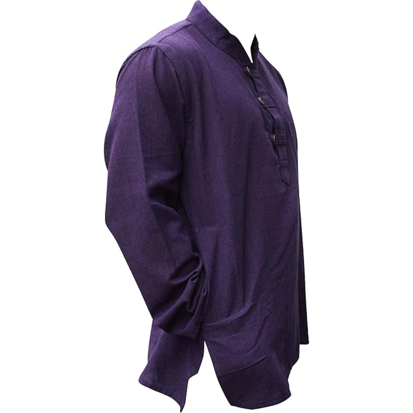 Mens Plain Hemp Band Collar Hippy Summer Light Tops Full Sleeve Grandad Shirt