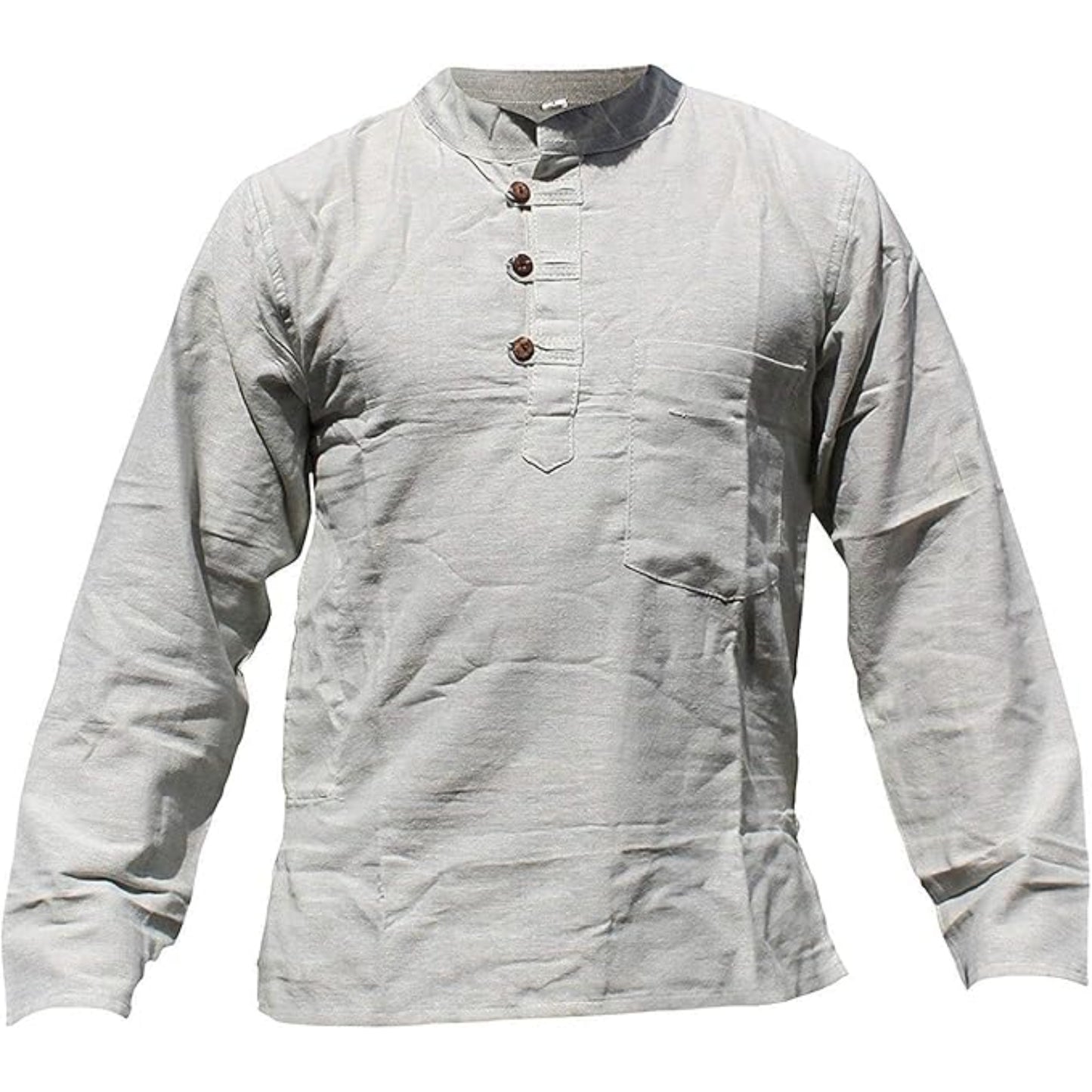 Mens Plain Hemp Band Collar Hippy Summer Light Tops Full Sleeve Grandad Shirt